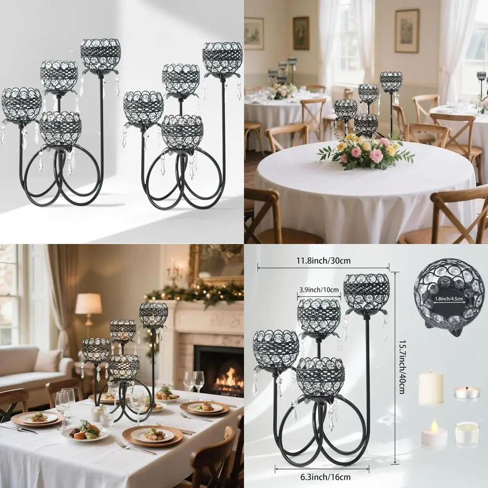 

Elegant 15.7 Tall Crystal Tealight Holder with Pendant Bowls, Artistic Metal Stand for Weddings and Home Decor (2, Black)