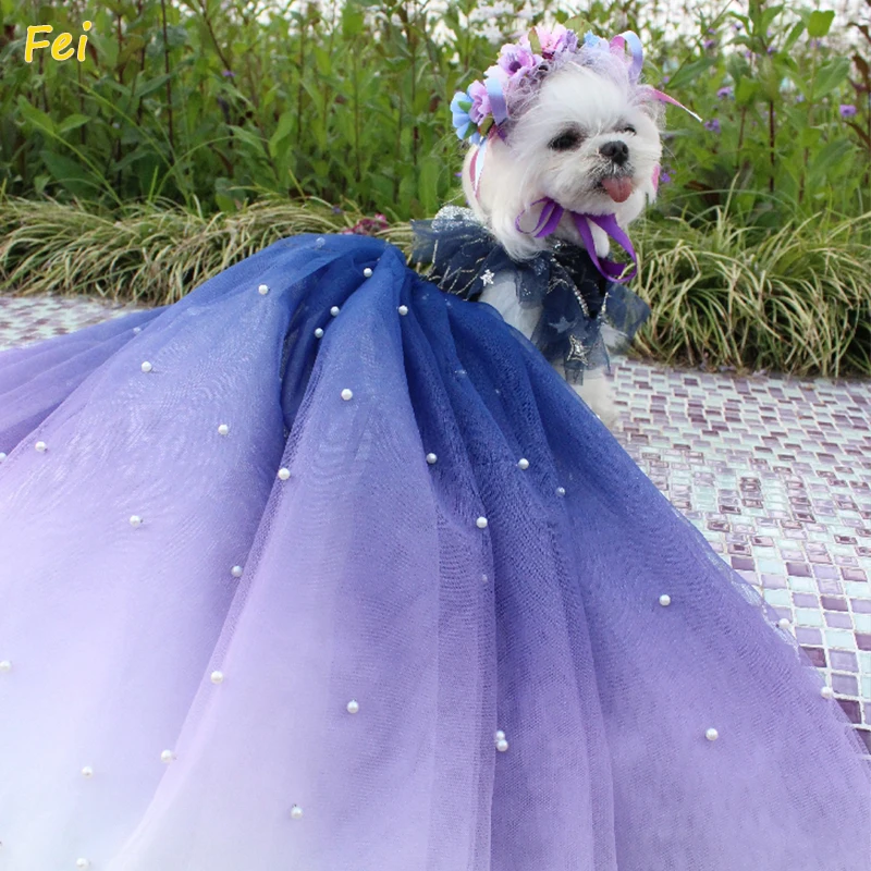 

Tailor-Made Dog Cat Long Tail Wedding Dress, Starry Blue and Purple Gradient Bride Party Dress,Gifts for Dog Lover Dog Birthday