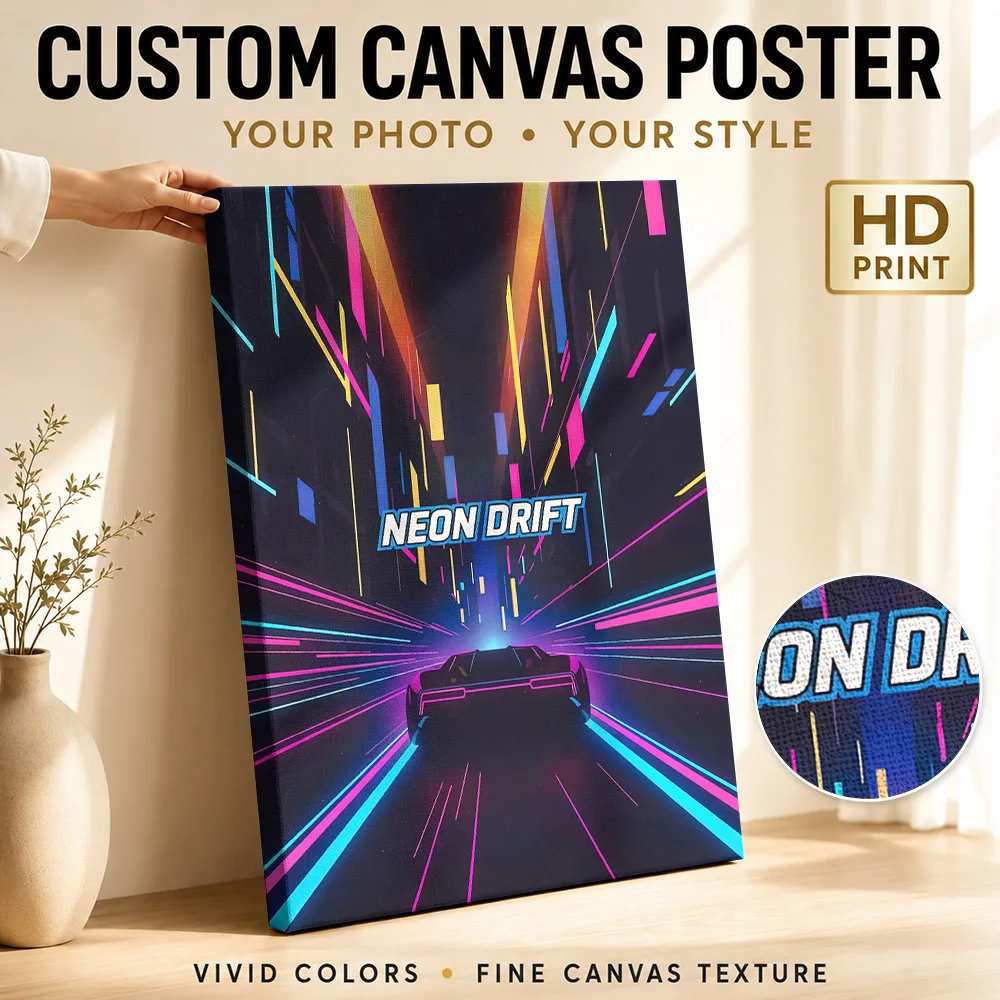 Neon Drift Car in Cyberpunk City Canvas Poster Custom Gaming Anime Canvas Wall Art for Game Room Dorm Decoration Ready to Hang