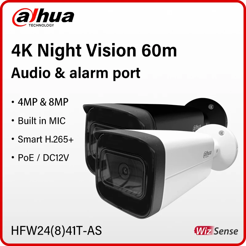 Dahua WizSense 4MP 8MP Bullet Camera 4K Motion Detection Security CCTV IR 80m With Alarm Audio Port Mic HFW2441T-AS HFW2841T-AS
