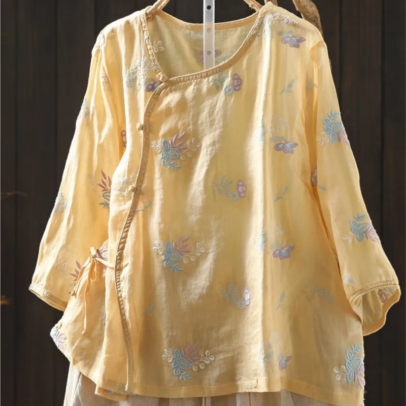 Johnature Women Vintage Ramie Shirts Embroidery Floral 2026 Summer New Chinese Style Tops O-Neck Long Sleeve Soft Female Blouses