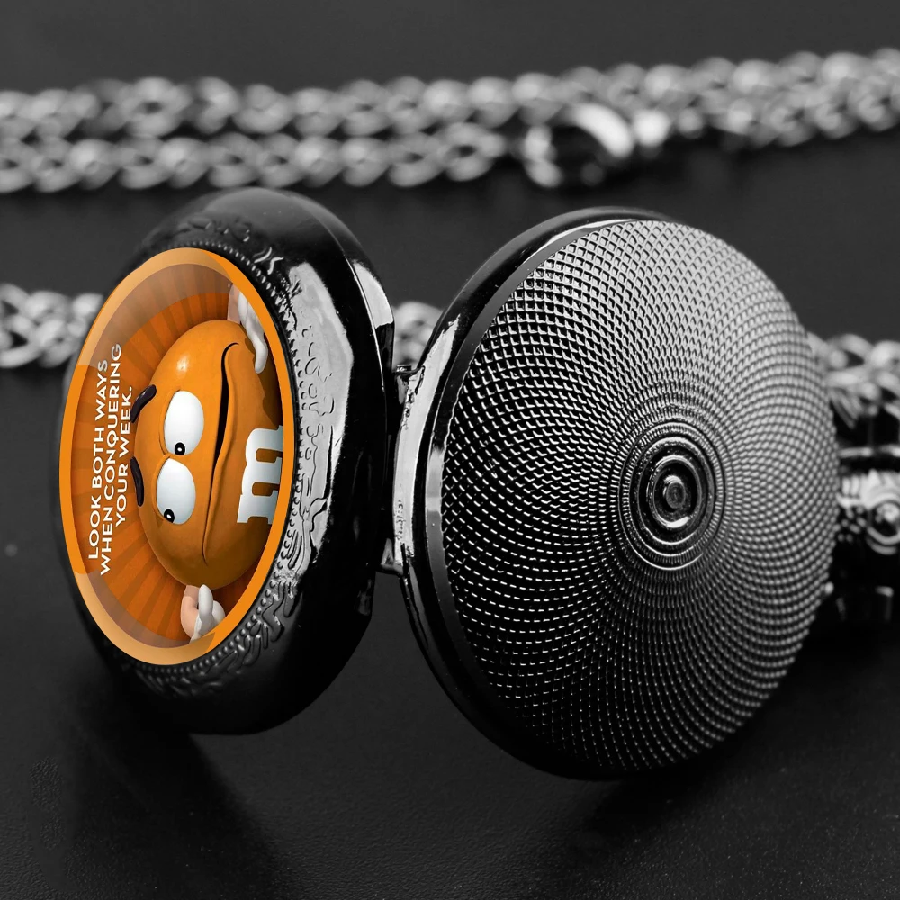 Orologio da tasca al quarzo nero con cupola in vetro e patatine di cioccolato, quadrante con numeri arabi e catena resistente, regalo retrò per uomo e donna