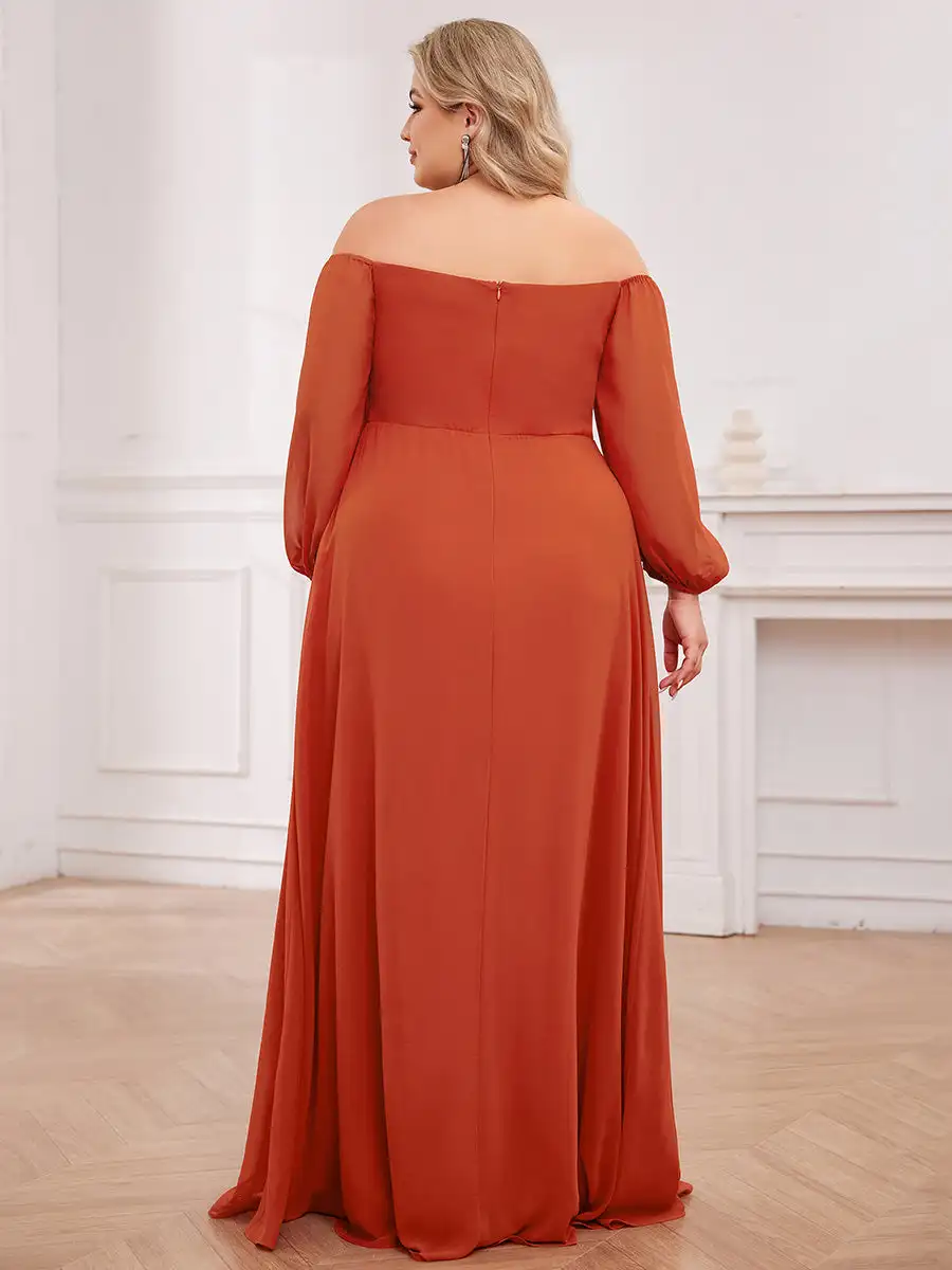 Suknie wieczorowe Plus size Maxi Długie, jedno ramię, rękawy typu lampion 2025 Ever Pretty of Szyfonowa, spalona pomarańczowa sukienka dla druhny
