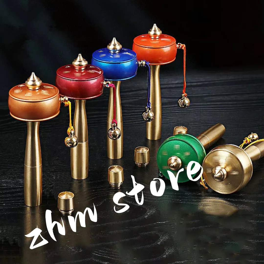 

12cm Pure Copper Mini Hand Pocket Colorful Carving Guanyin Six Words Mantra/Scriptures Wooden Hand Cranking Prayer Wheel