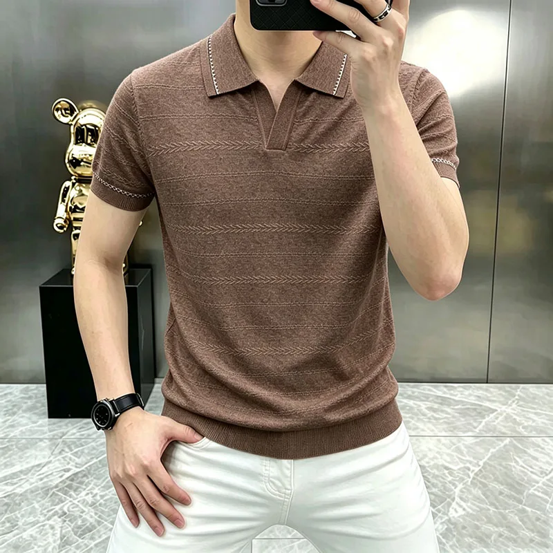 Trendy Breathable Linen Knit Polo for Men 2026 Summer Thin Lyocell Knitwear Short Sleeve Tops Slim Pullover Knitting Shirts
