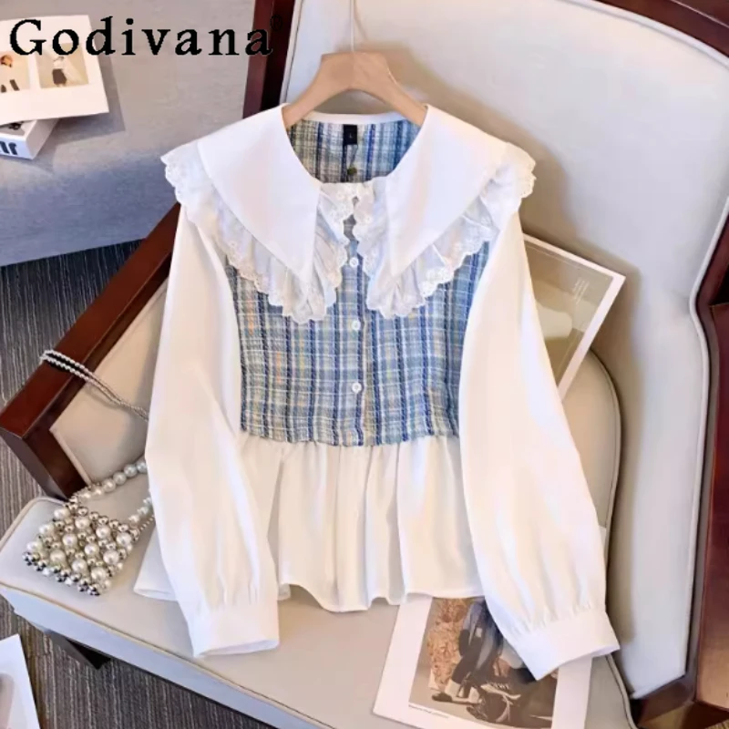 

Large Size Japanese Sweet Peter Pan Collar Splicing Fake Two-piece Shirt Spring Autumn Fashion Versatile Women Age-reducing Top