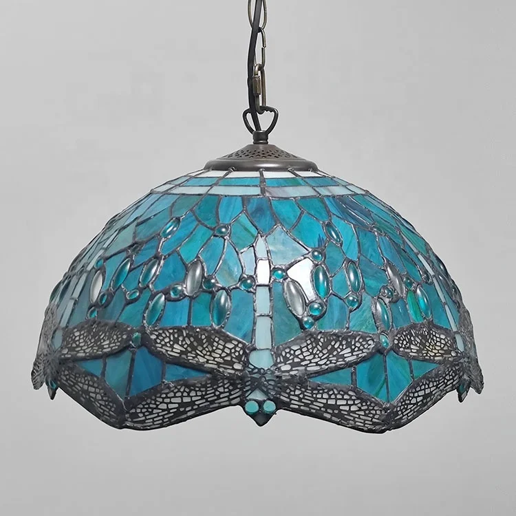 16Inch Tiffany Green Warm White Industrial Rustic Adjustable Height Hanging Pendant Stained Glass Dragonfly LED E27