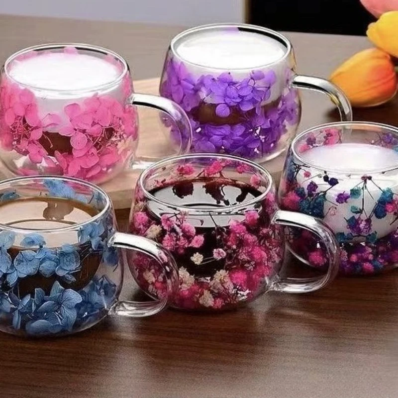 Taza de cristal de flores secas de doble capa de 350ml, taza de café resistente a altas temperaturas con asa, taza de té de la leche decorativa de flores secas