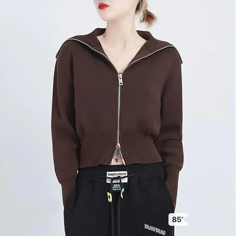 New 2024 Spring Autumn Women's Spliced Sailor Collar Zipper Fashion Solid Color Loose Comfortable Long Sleeve Knitted Sweater