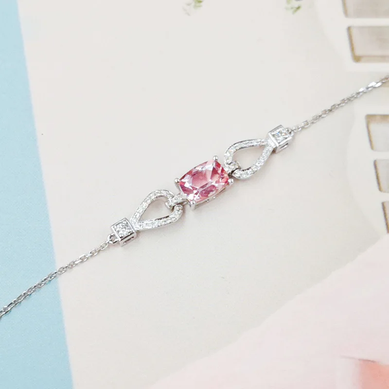 New Cluster Zircon Fashionable Pink Tourmaline Gemstone Bracelet for Women 18K White Gold Plated Jewelry
