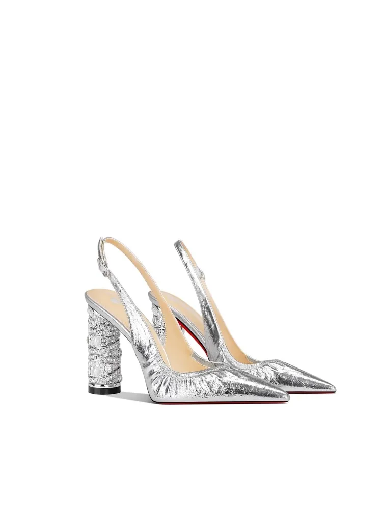 

Summer new pointed pearl rhinestone round thick heel shoes high-heeled banquet dress large size small size women's sandals