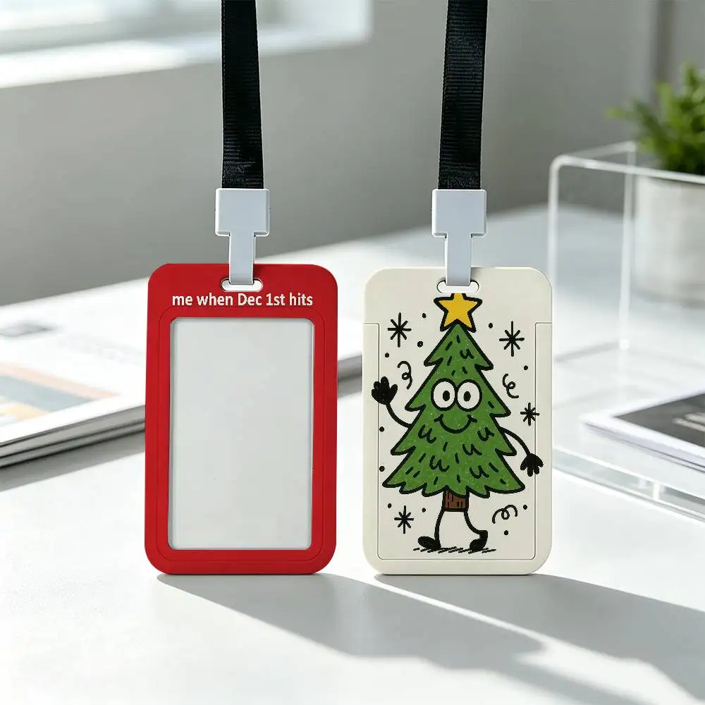 Christmas Happy Days Clear Window ID Card Holder, Business Badge Holder With Neck Lanyard, Office Work Permit Card Cover
