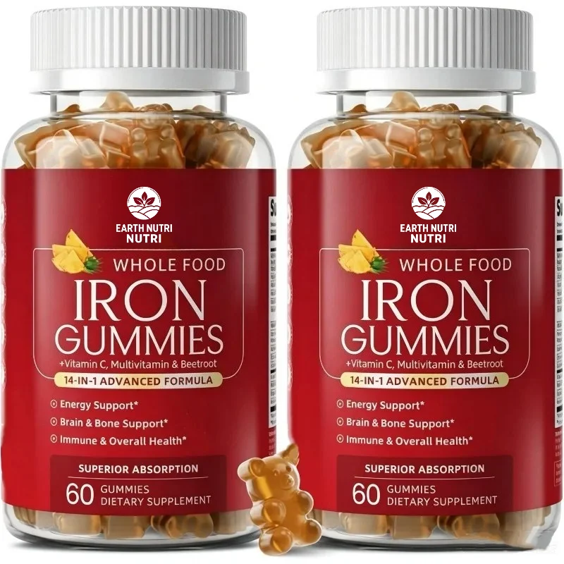 Iron Gummies, Containing 60 Pills of Vitamin C, Folate B6, Copper Red Blood Cells, Energy, and Immune Health Support