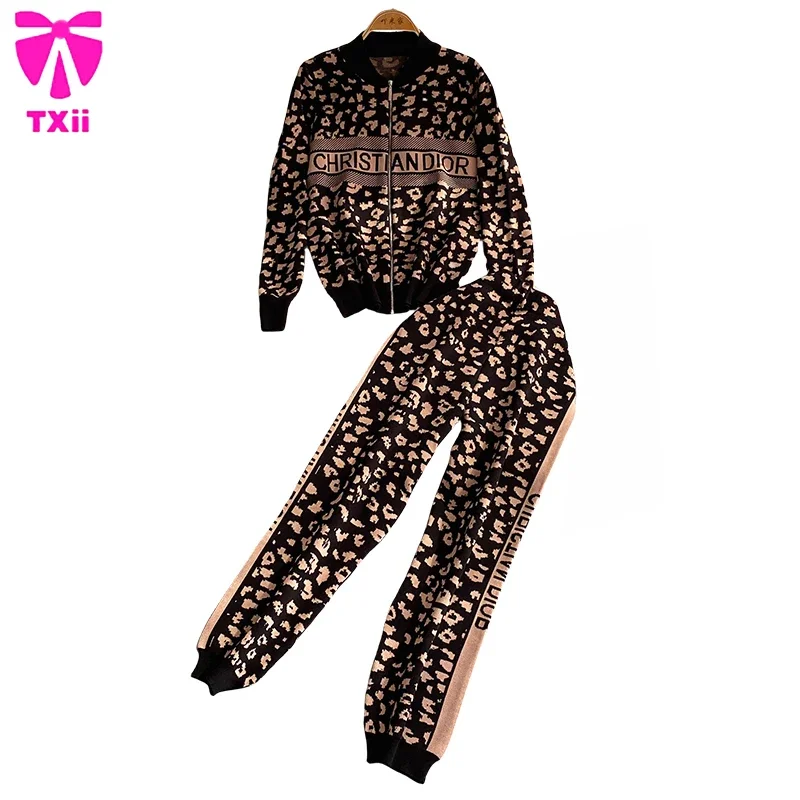 TXii Chic Fashion Korean 2PC Suits Ladies O-Neck leopard-print Knitting Cardigan+High Waist Wide Legs Pants Basic Casual Sets