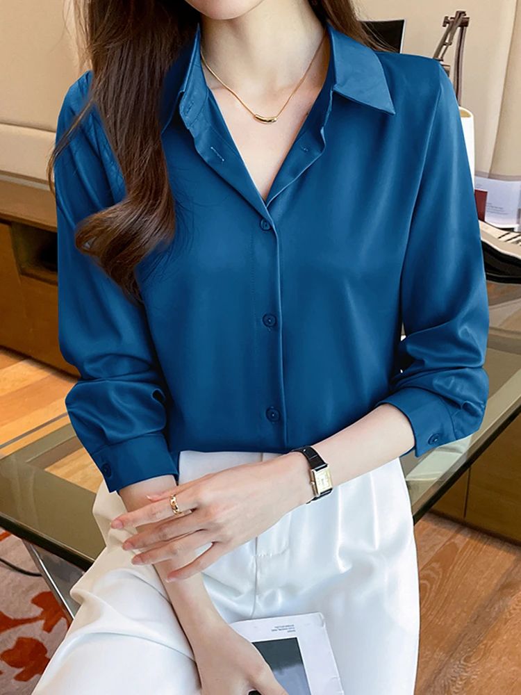 Fashion satin shirts for office ladies solid color Women\'s Blouses Long Sleeve Shirts Tops Blusas Mujer