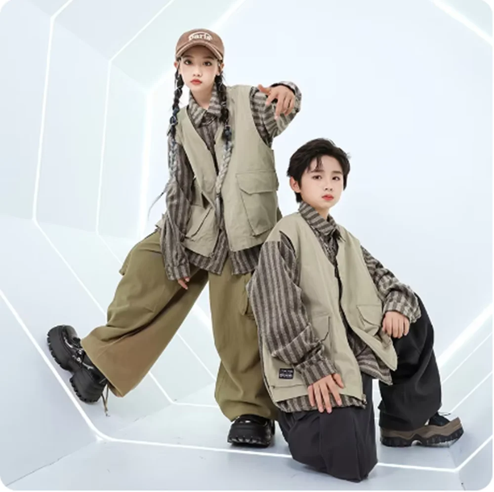 Kids Hip Hop Dance Costume Boy Street Dance Stage Outfit Girls Fashion Kpop Jazz Dancewear Khaki Stripe Shirt Oversize Pants yk view 4