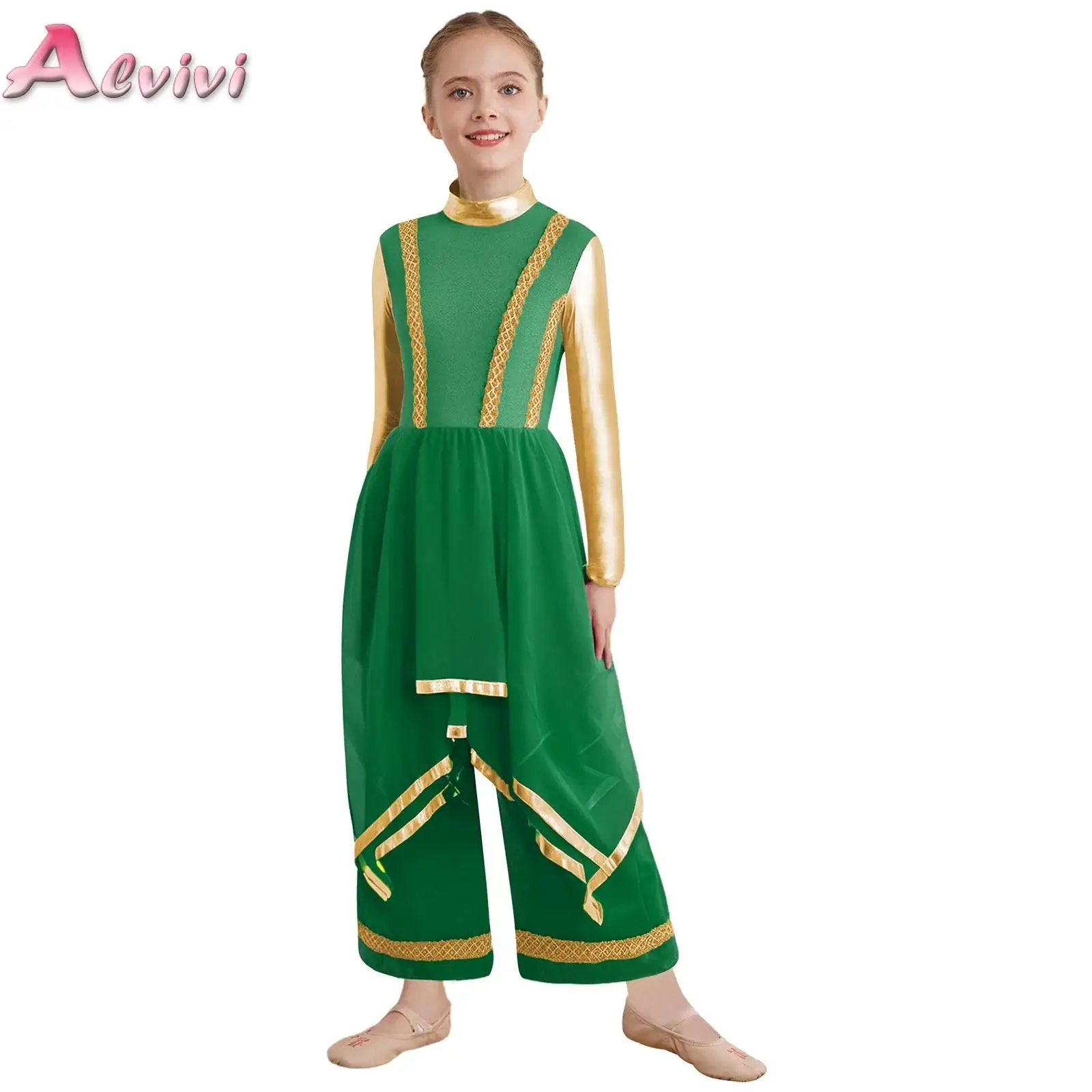

Kids Girls One-Piece Praise Liturgical Dance Costume Jumpsuit Choir Church Dresses Christian Worship Long Sleeve Tunic Robe