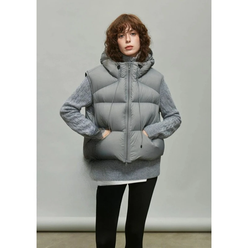 Branco ganso para baixo com capuz colete curto feminino outono e inverno novos puffs pequeno colete jaqueta grossa bonito temperamento
