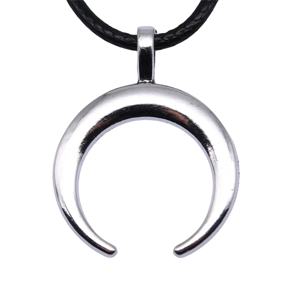 Retro Vintage Unisex 2 Colors 33x26mm Horns Crescent Moon Pendant Faux Black Leather Rope Chain Necklace