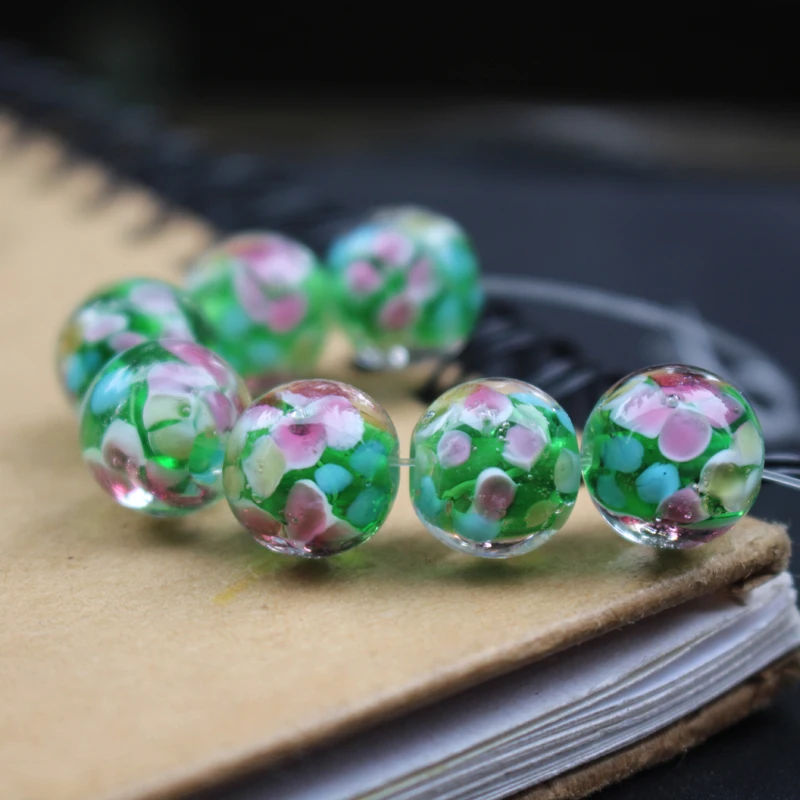 10Pcs 10mm 12mm 14mm Handmade Glass Lampwork beads Flower Simply Red Green Brown Color  for Jewelry Making Wholesale and Retail