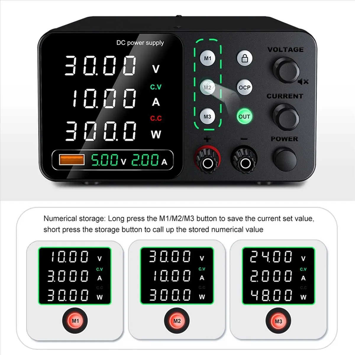 HDL 30V10A Lab Power Supply with Triple Storage Switching Power Supply 5V2A DC Regulated PowerSupply for TypeC Interface(EU)