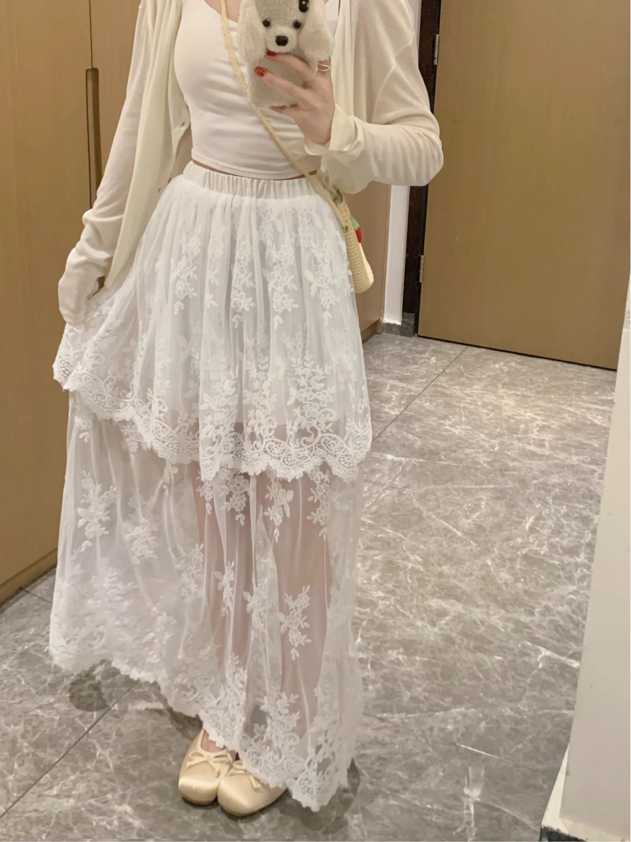 

plus Size Retro Lace Splicing High Waist Versatile Design Summer New Style over Knee Long Skirt A-Line Korean Style Commute
