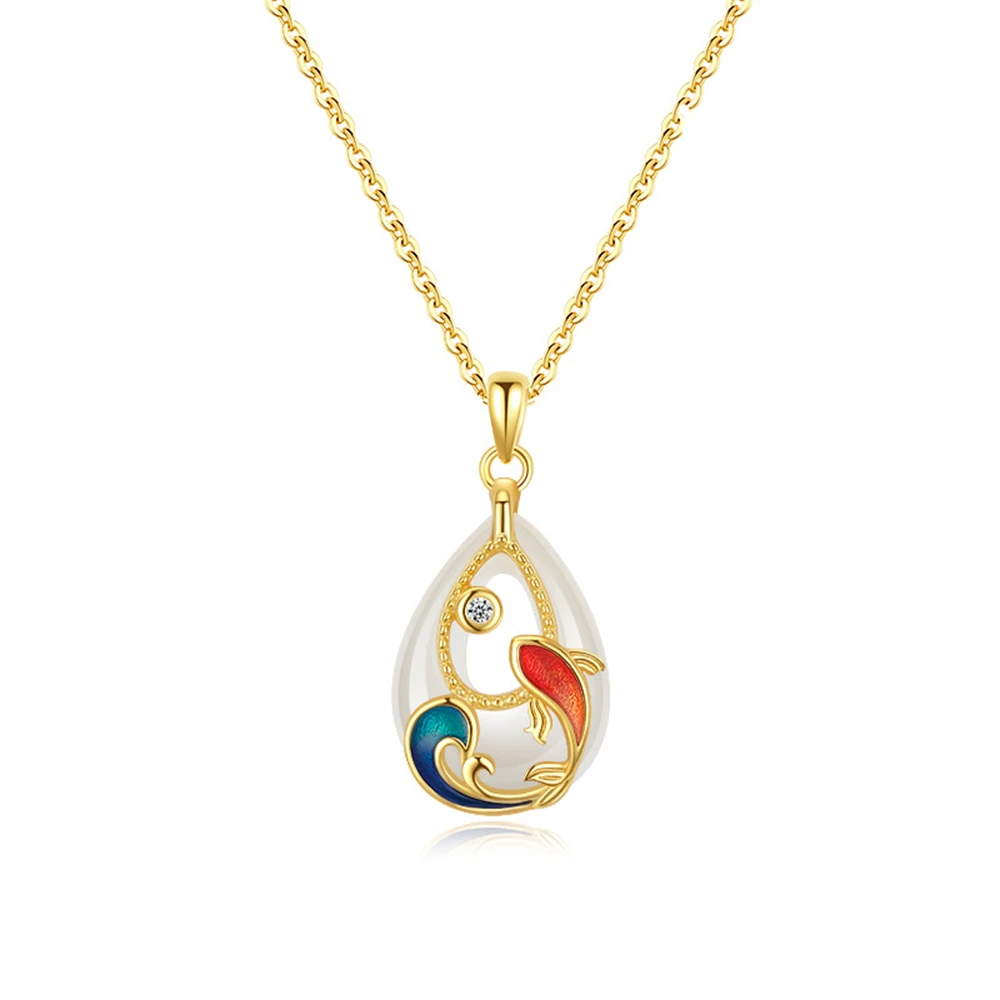 

S925 Sterling Silver Fish in Water Enamel Necklace Women's Natural Chalcedony Water Drop Pendant Light Luxury Accessory