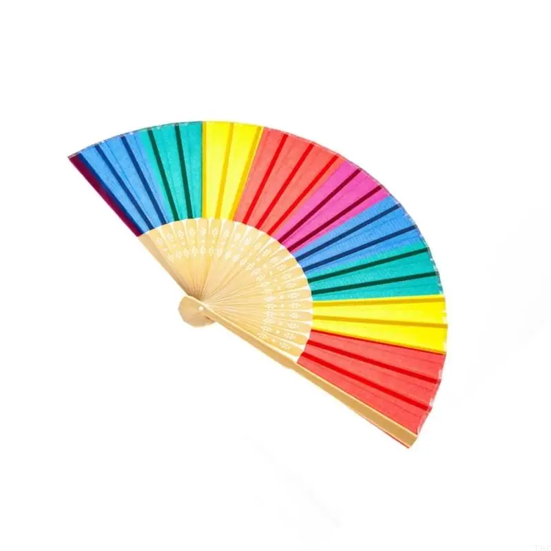 T3LC Rainbow Hand Fan Fan Chinese Hand Dureble Cloth con maniglia bambù resistente