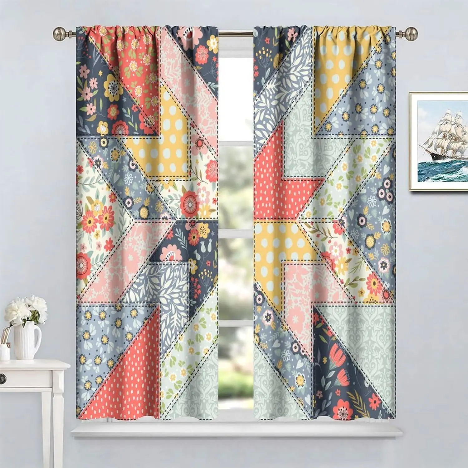 Boho Patchwork Curtains,Colorful Retro Mid-Century Floral Spring Plant Rustic Print Rod Pocket Window Drapes for Bedroom Living