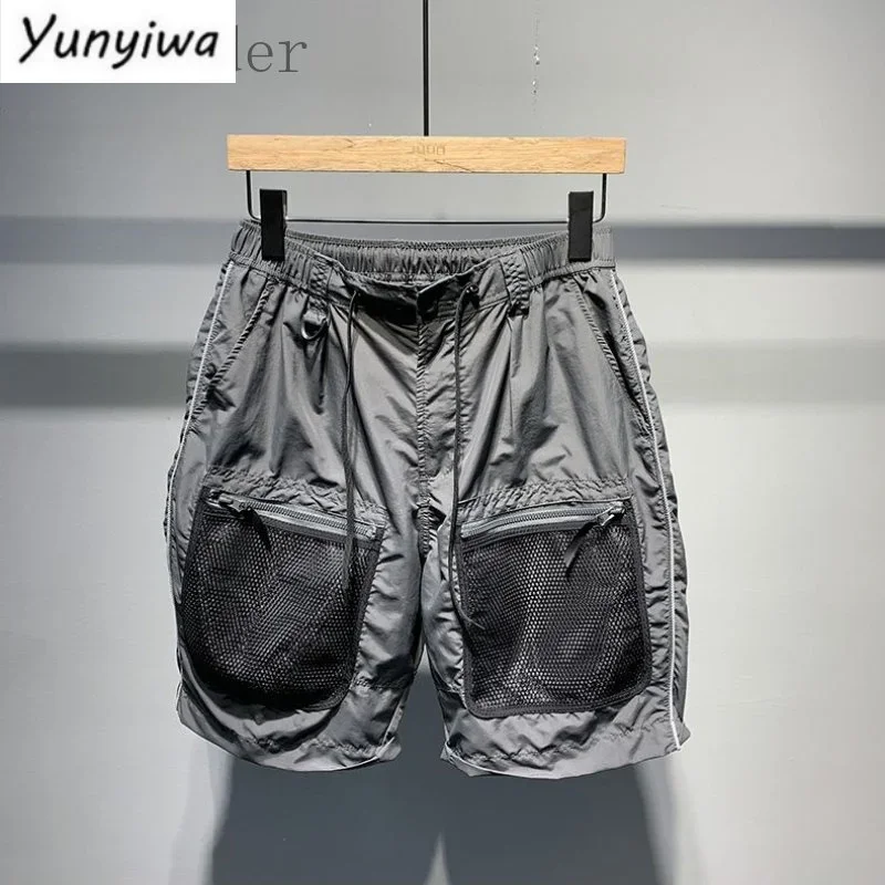 Functional Shorts Men's Cargo Loose Mesh Patchwork Versatile Drawstring Straight Half Pants Personality Casual Shorts