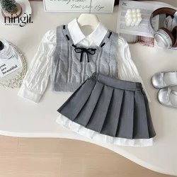 Spring Autumn Children Girl 3PCS Clothes Set Cotton White Ruched Shirts Knitted Bow Vest Pleated Skirts Suit Toddler Girl Outfit