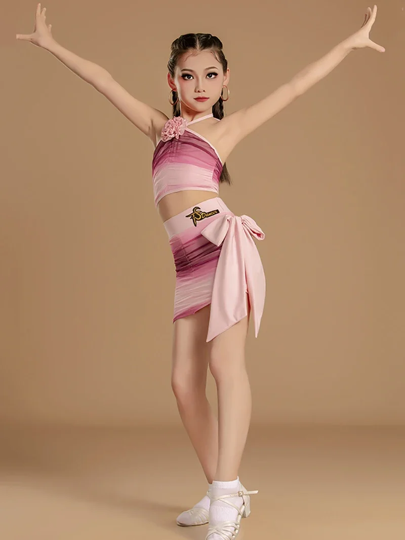 Costume d'entraînement de danse latine pour enfants, gilet en poudre rouge dégradé, haut et jupes, ensemble de vêtements de danse pour spectacle de compétition