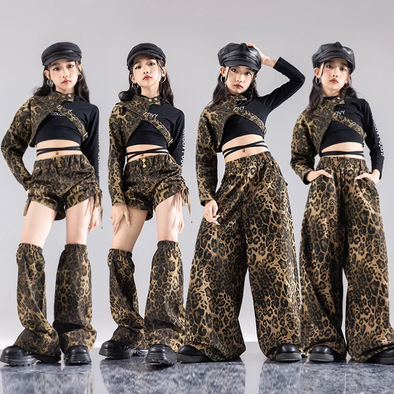 Kids Hip Hop Crop Top leopard pattern Street Dance Cargo Pants Girls Streetwear Children Jazz Costumes K-pop Clothes Set