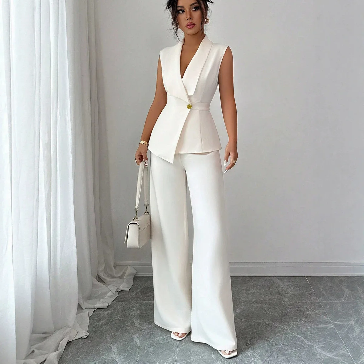 Women Outfit Two-piece Sets Vest Straight-leg Pants Slim Suit Women Spring Summer Office Ladies Blazer Suit Lapel Waistcoat Set