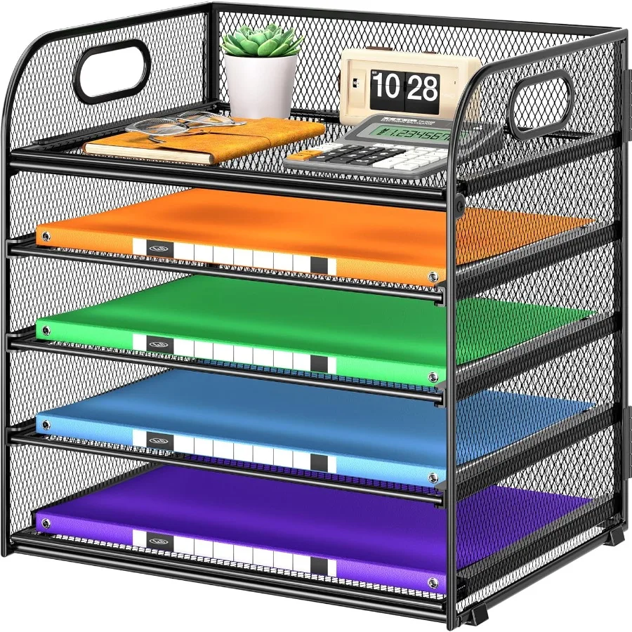

5 Tier Paper Organizer with Handle Metal Mesh Desk Organizer File Folder Paper Letter Tray Desktop Document Sorter for Classroo