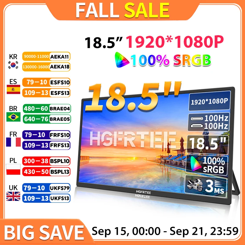 

HGFRTEE 18,5-дюймовый портативный монитор 100 Гц 100% RGB для ноутбука Расширенный дисплей ADS-IPS HDR-экран с отверстием VESA и задним кронштейном