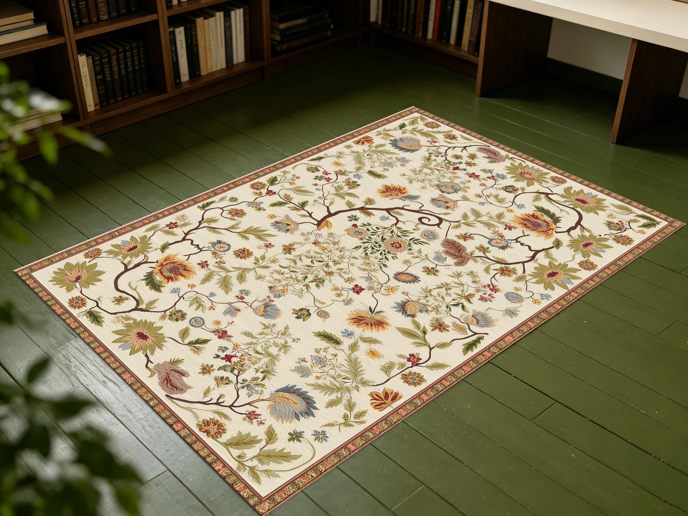 2D Carpet, Beige Retro Floral Pattern 2D Carpet, French Retro Style, Soft and Skin-Friendly, Suitable for Living and Dining Areas..