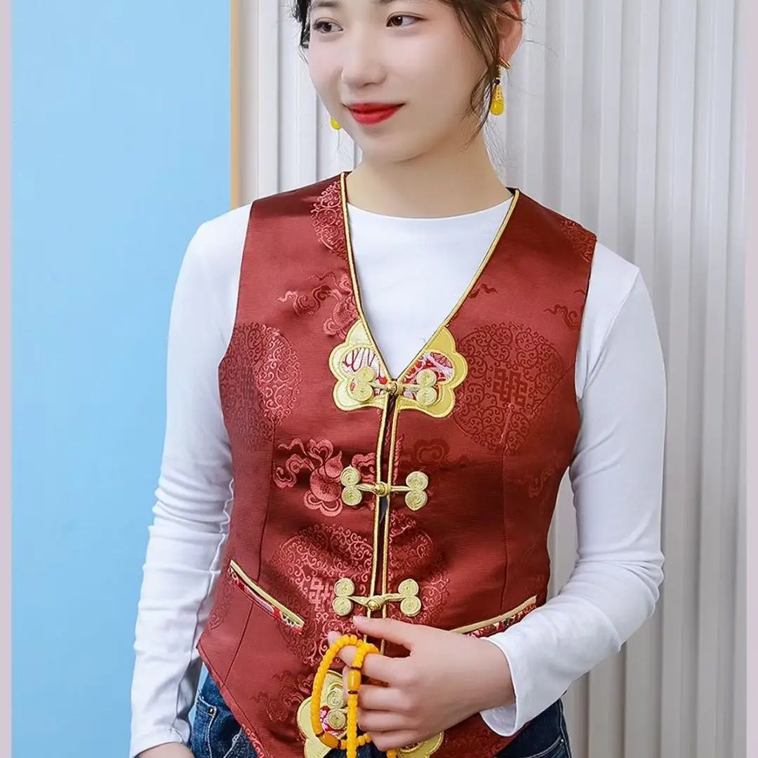 Women's brocade-trimmed Tibetan minority style vest jacket