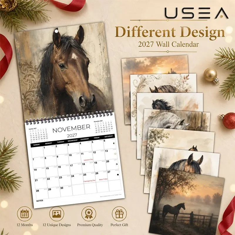 2027 Vintage Horse Wall Calendar, US Federal Holidays,Farmhouse Aesthetic Decor,Christmas Gift for Horse Lovers Coworker Teacher view 3