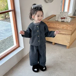 Baby Girls Sets Fashion Solid Woolen Coats Pants 2024 Autumn New Korean Style Kids Two Piece Sets