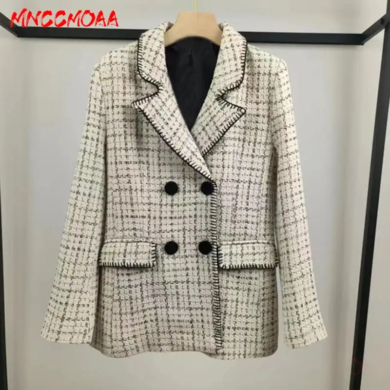 

MNCCMOAA 2024 Spring Autumn Women Fashion Vintage Plaid Double Breasted Blazer Coat Female Casual Long Sleeve Pockets Outerwear