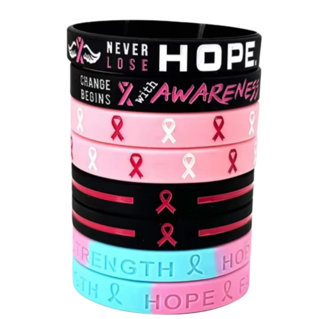 8pcs Silicone Breast Cancer Awareness Bracelets Faith Strength Rubber Bracelet Hope Courage Inspiring Bracelets