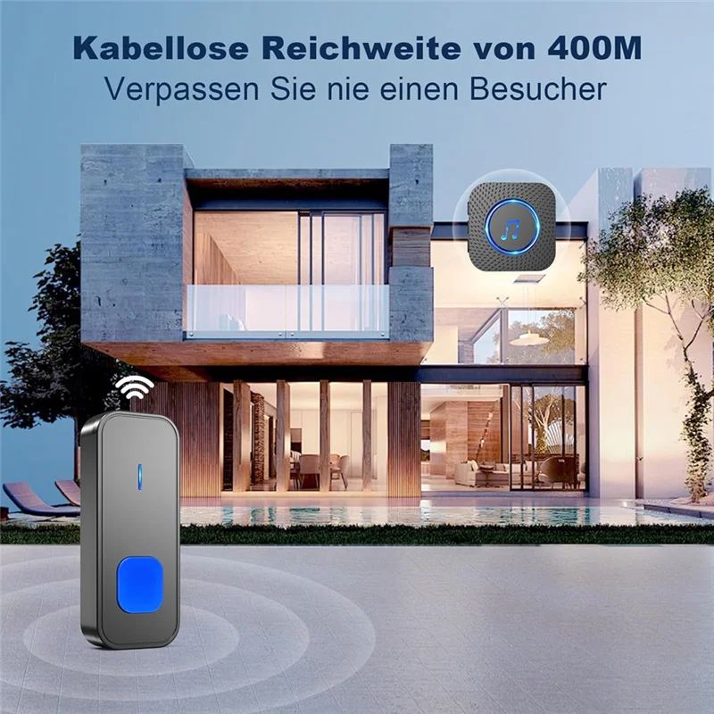 AA60-مجموعة جرس الباب اللاسلكي IP55 مقاوم للماء جرس الباب اللاسلكي 1300 قدم/400 متر جرس الباب عن بعد 55 الدقات 5 حجم ، للفصول الدراسية المنزلية