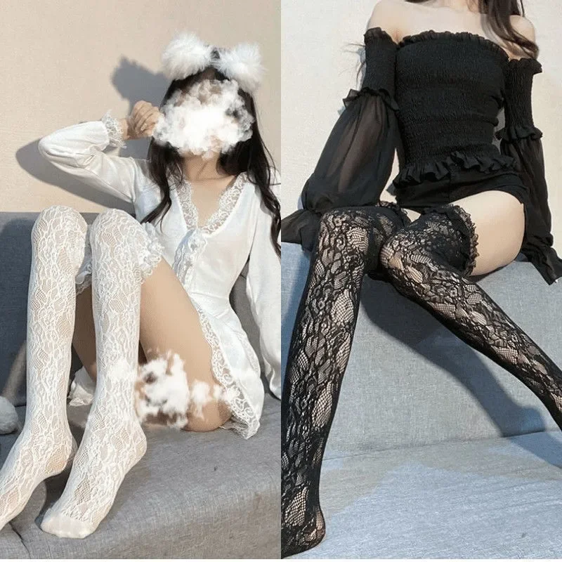 

Женские сексуальные кружевные ажурные чулки из ротанга с цветочным верхом, Длинные сетчатые чулки выше колена, чулки до бедра, готические длинные носки