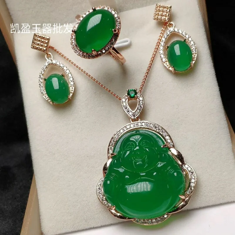 High-quality rose gold inlaid chalcedony Buddha , green agate earrings and ring three-piece set view 2