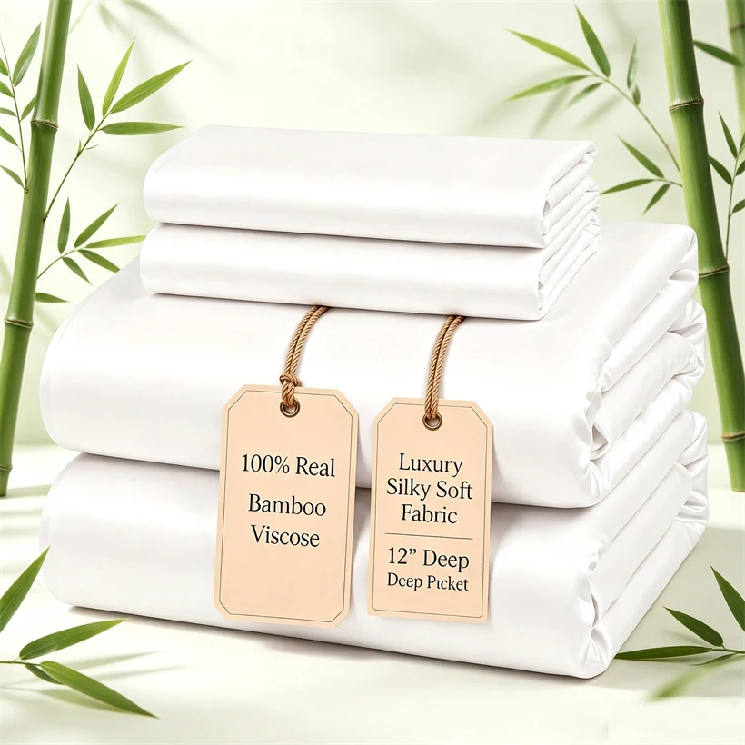 Natural Bamboo Sheets Set, 100% Organic Viscose Derived from Bamboo Bed Sheet Set, Luxury Soft Cooling Fitted and Top Bed Sheets