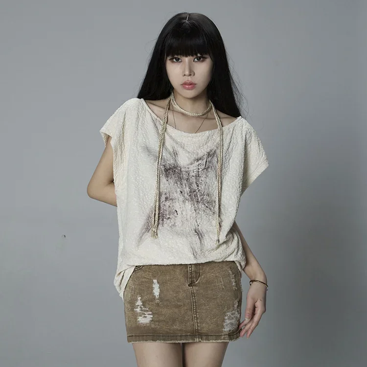 

2025 Y2k Эстетические винтажные футболки с абрикосовым принтом, летняя уличная одежда, футболки с косым воротником, женские свободные топы в стиле Харадзюку в стиле гранж