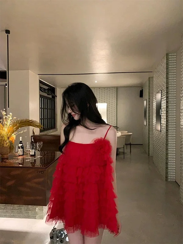 Summer 2025 Sweet Sle Off-oulder Me Puffy Skirt Dr Women's Red High Waist Zipper Closure ort Dr