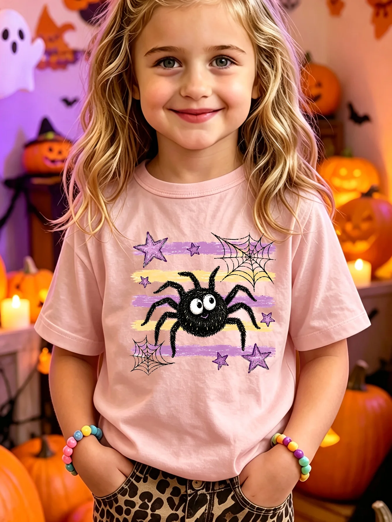 Kids Boys Girls Family Matching T Shirt Cute Spider Star Print Short Sleeve Tee Halloween Casual Parent Child Daily Party Tops