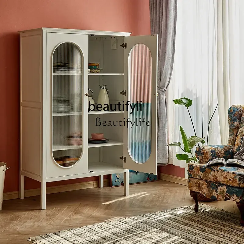 

01Solid Wood Wardrobe French Retro Locker Household Wardrobe Small Apartment Multi-Functional Storage Cabinet